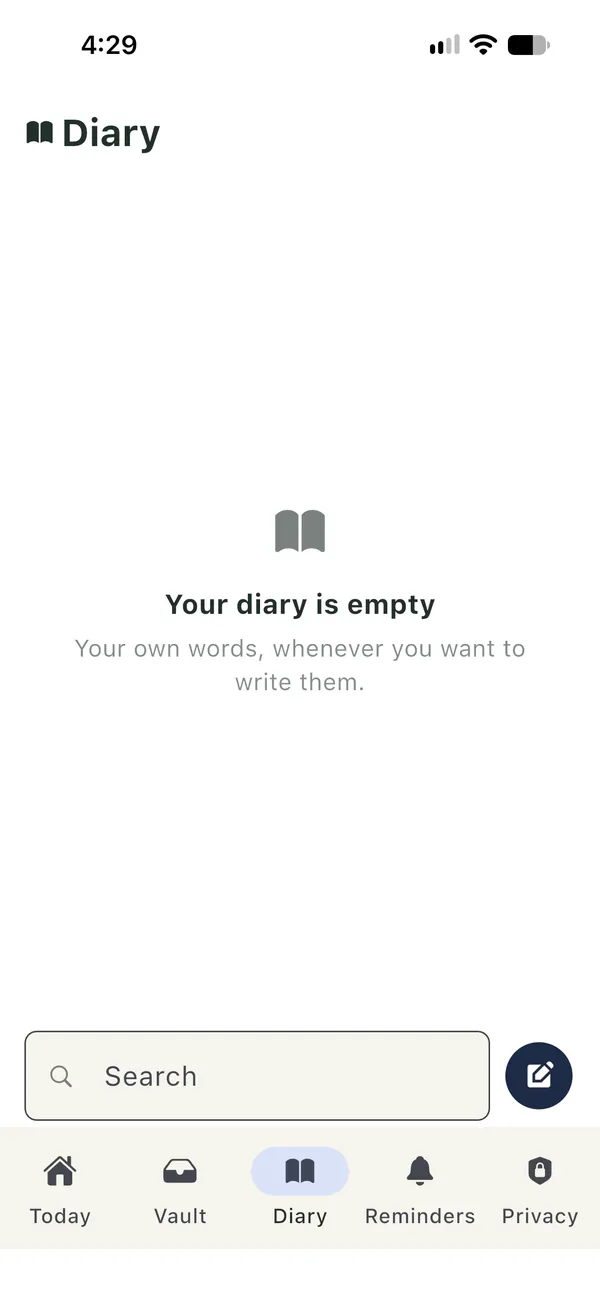 Farola Diary before any entries are written, with a search field and a button to write an entry.