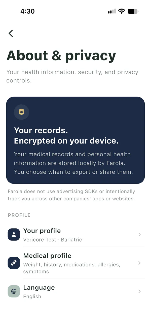 Farola About & privacy screen: a note that medical records are encrypted and stored on the device, and links to your profile, medical profile and language settings.