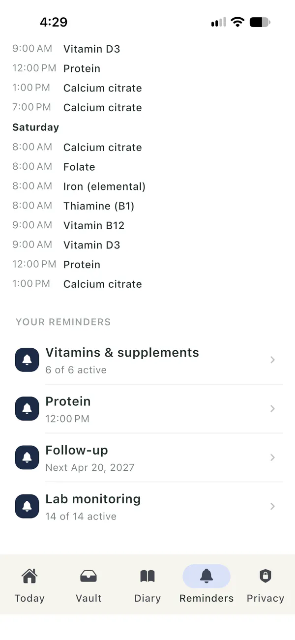 Farola reminders: a supplement schedule by day and reminder groups for vitamins and supplements, protein, a follow-up appointment and lab monitoring.