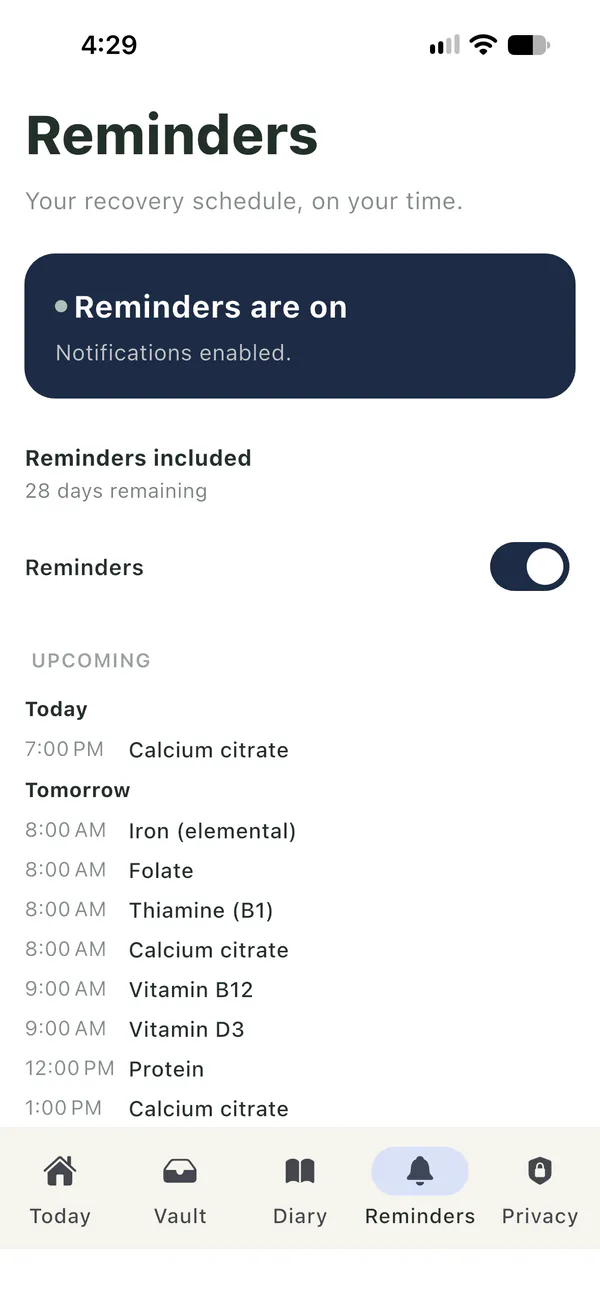 Farola Reminders screen: reminders switched on, with upcoming doses of iron, folate, thiamine, calcium citrate, vitamin B12, vitamin D3 and protein.