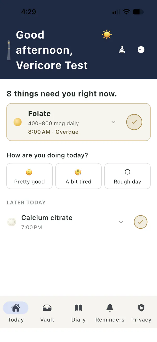 Farola Today screen: a folate reminder marked overdue, a check-in asking how you are doing today and a calcium citrate dose later in the day.