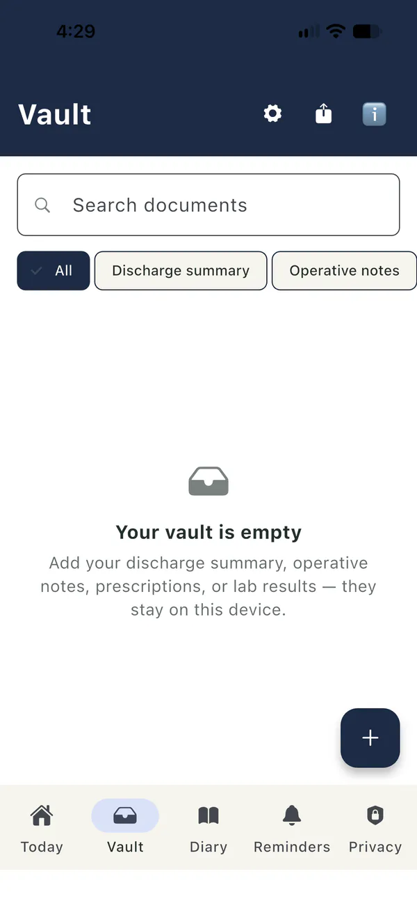 Farola Vault before any documents are added: a document search, filters for discharge summaries and operative notes, and a button to add a document.