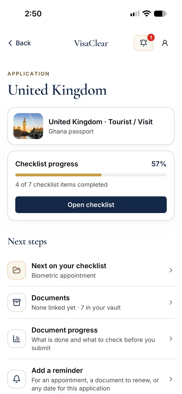 VisaClear mobile overview of a United Kingdom tourist visa application: checklist progress at 57% and the next steps.