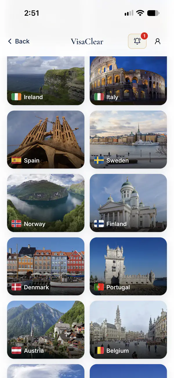 VisaClear mobile destination cards for Ireland, Italy, Spain, Sweden, Norway, Finland, Denmark, Portugal, Austria and Belgium.