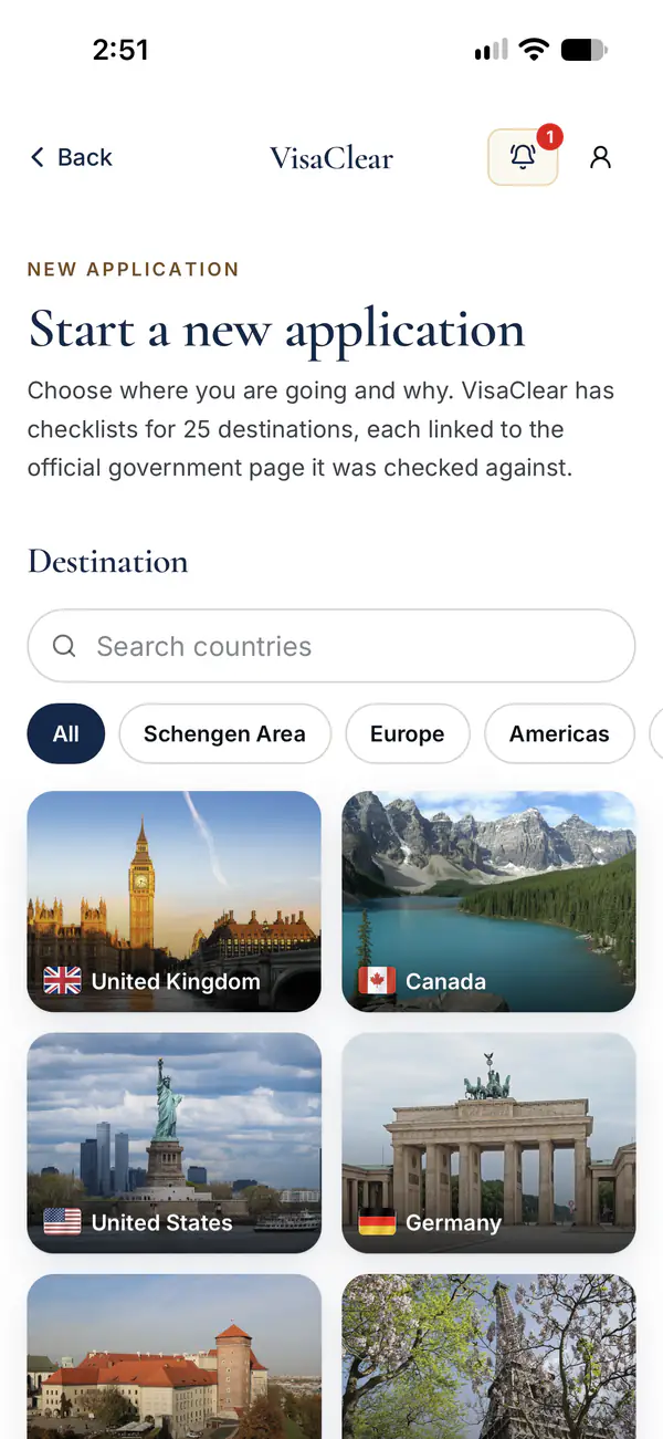 Starting a new application in VisaClear mobile: a country search, region filters and destination cards.