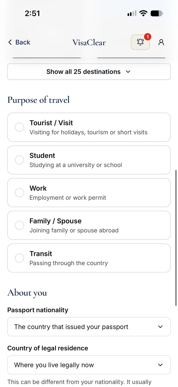 VisaClear mobile purpose of travel options (Tourist / Visit, Student, Work, Family / Spouse and Transit), followed by passport nationality.