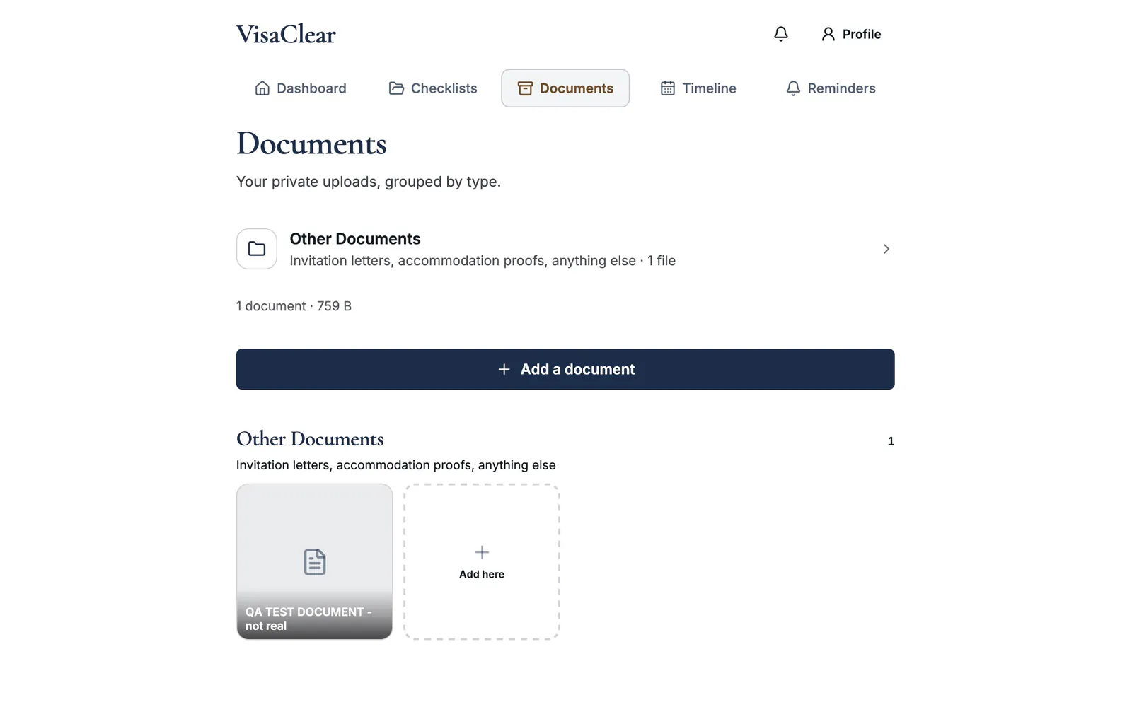 VisaClear web Documents page: one file in Other Documents and an Add a document button.